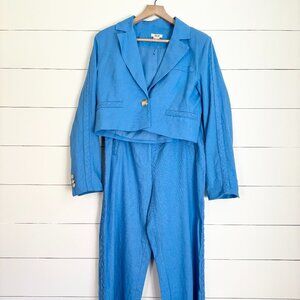Jason Wu linen blend blue wide leg pant suit set with cropped jacket